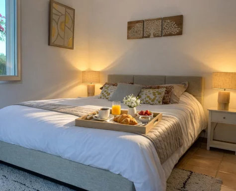 Spacious master bedroom overlooking the pool
